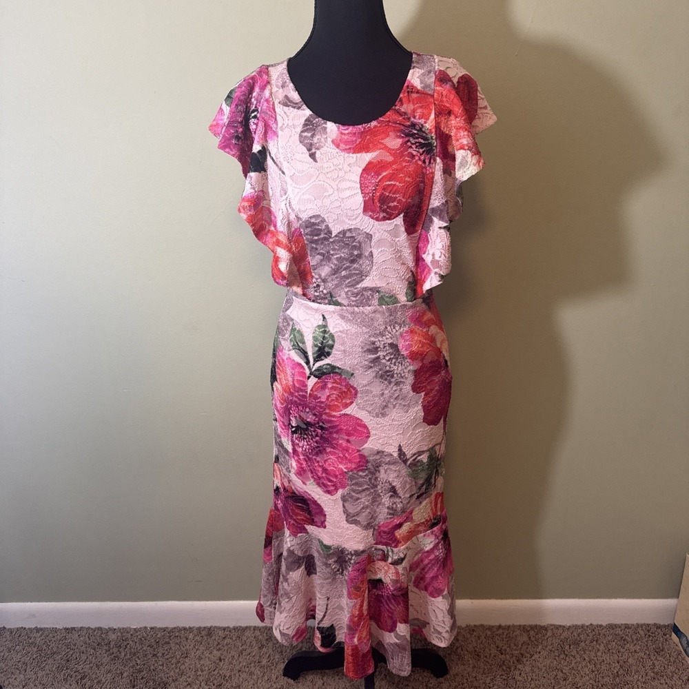 Floral Lace Dress Pink Ruffle Sleeve Midi‎ Spring Summer Stretch Size Small